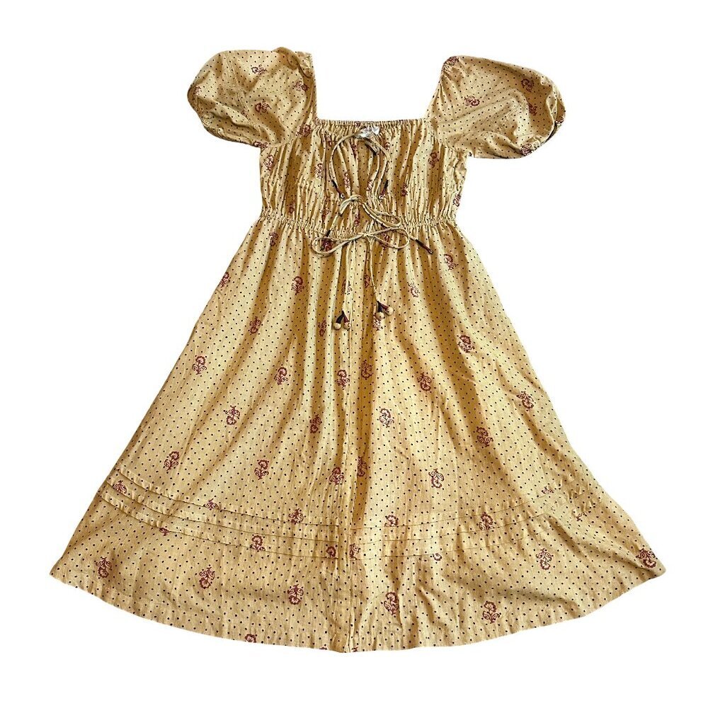 Kopal Anthropologie Block Print Midi Dress Bohemian Puff Sleeve Size Large NWT